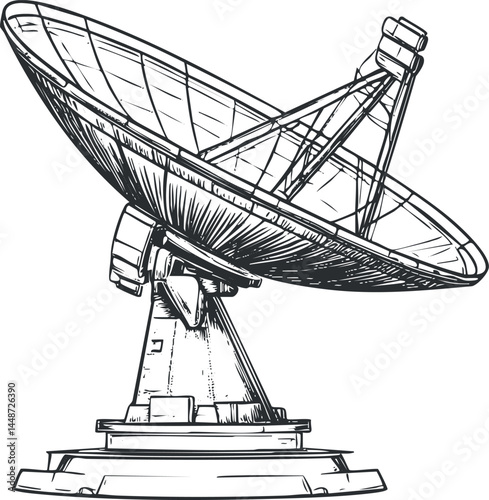 Black and white line art illustration of a satellite dish antenna used for communication and signal transmission
