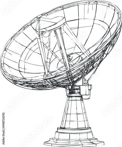 Wireframe sketch of a satellite dish antenna for communication and signal transmission technology