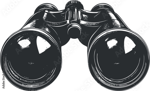 Vintage style black and white illustration of binoculars used for observation and magnification