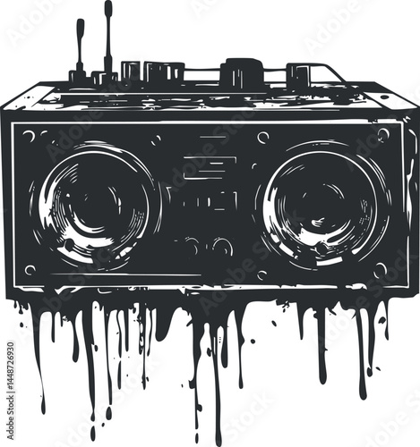 Black and white illustration of a vintage boombox radio with dripping graffiti paint effect