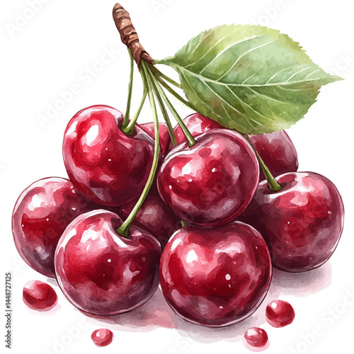 illustration of Cherry Tree With Ripe Fruit, watercolor vector, isolated on a white background.