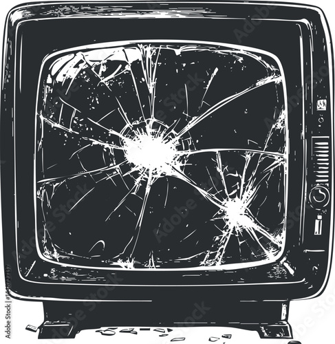 Vintage television with cracked and broken screen isolated on white background