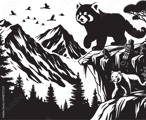 Two majestic mountain cats on a cliff overlooking a mountain range. A striking black and white illustration showcases two wild cats, a red panda and a snow leopard, perched atop dramatic mountain clif