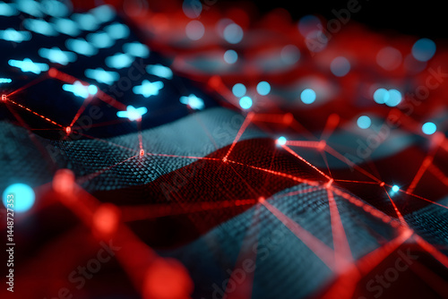 Abstract digital representation of the American flag with glowing red and blue network connections, symbolizing cybersecurity, technology, and national data infrastructure.
