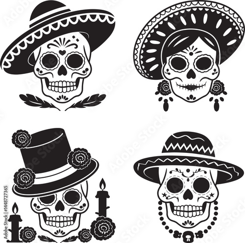 Sugar skull hat silhouette set vector illustration isolated On Transparent Background