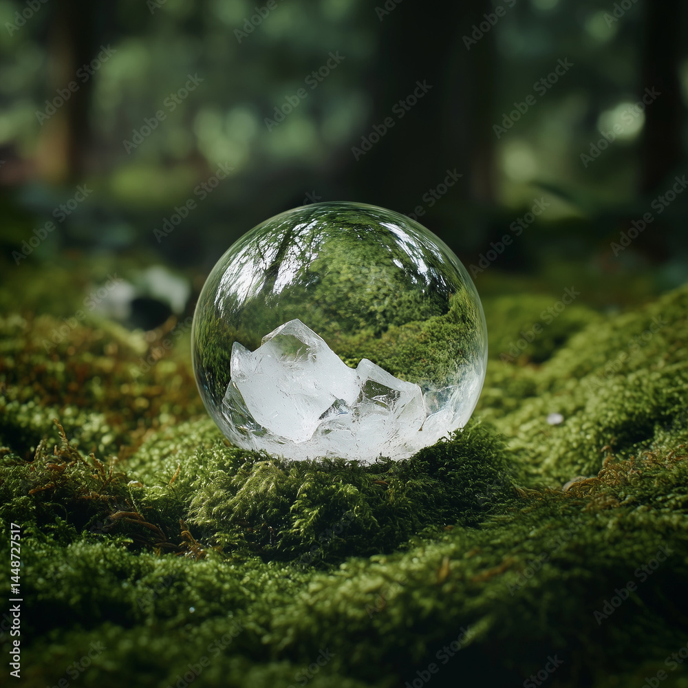 Globo de cristal sobre musgo verde em floresta simboliza cuidado com o planeta. Conceito ecológico e sustentável para conservação ambiental, Dia da Terra, esg e ecologia
