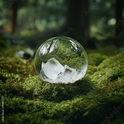Obraz na płótnie Globo de cristal sobre musgo verde em floresta simboliza cuidado com o planeta. Conceito ecológico e sustentável para conservação ambiental, Dia da Terra, esg e ecologia w salonie