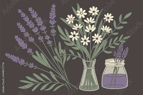 65 Floral arrangement, glass vases, lavender, purple flowers, white blooms, green foliage, dark background, vibrant colors, delicate petals, botanical display, studio lighting, high contrast, macro ph