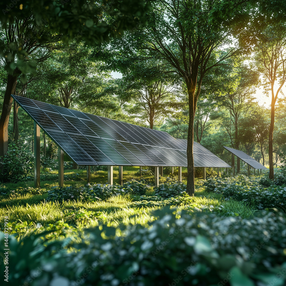 Painéis solares em uma floresta verde ilustram a transição para fontes de energia renováveis. Conceito de sustentabilidade e inovação tecnológica para um futuro mais ecológico