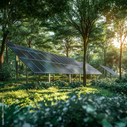 Obraz na płótnie Painéis solares em uma floresta verde ilustram a transição para fontes de energia renováveis. Conceito de sustentabilidade e inovação tecnológica para um futuro mais ecológico w salonie