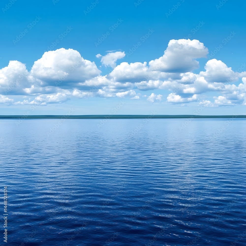 Obraz premium Serene Lake Landscape with Fluffy Clouds and Blue Sky