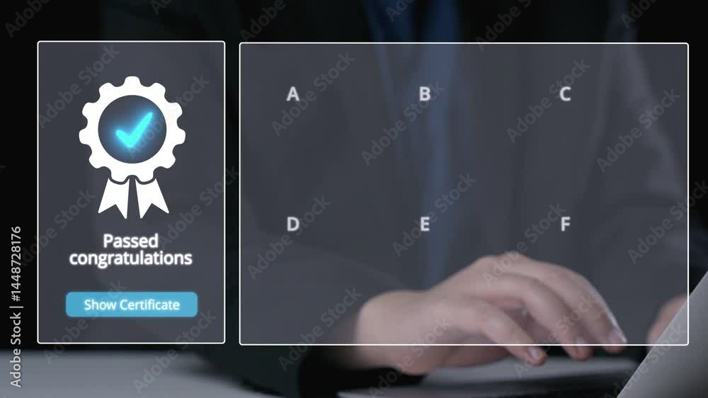 Business person secures product certification, marking a key achievement. Demonstrates commitment to quality and trustworthiness by having product certification passed. UUID