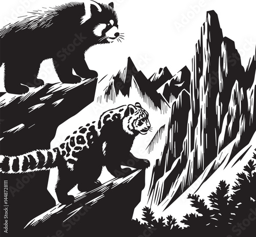 Two majestic mountain cats on a cliff overlooking a mountain range. A striking black and white illustration showcases two wild cats, a red panda and a snow leopard, perched atop dramatic mountain clif