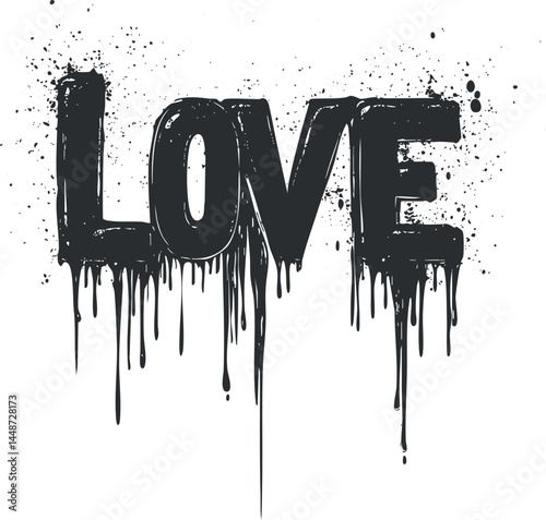 Black dripping paint graffiti text spelling the word love on white background with splatter effect