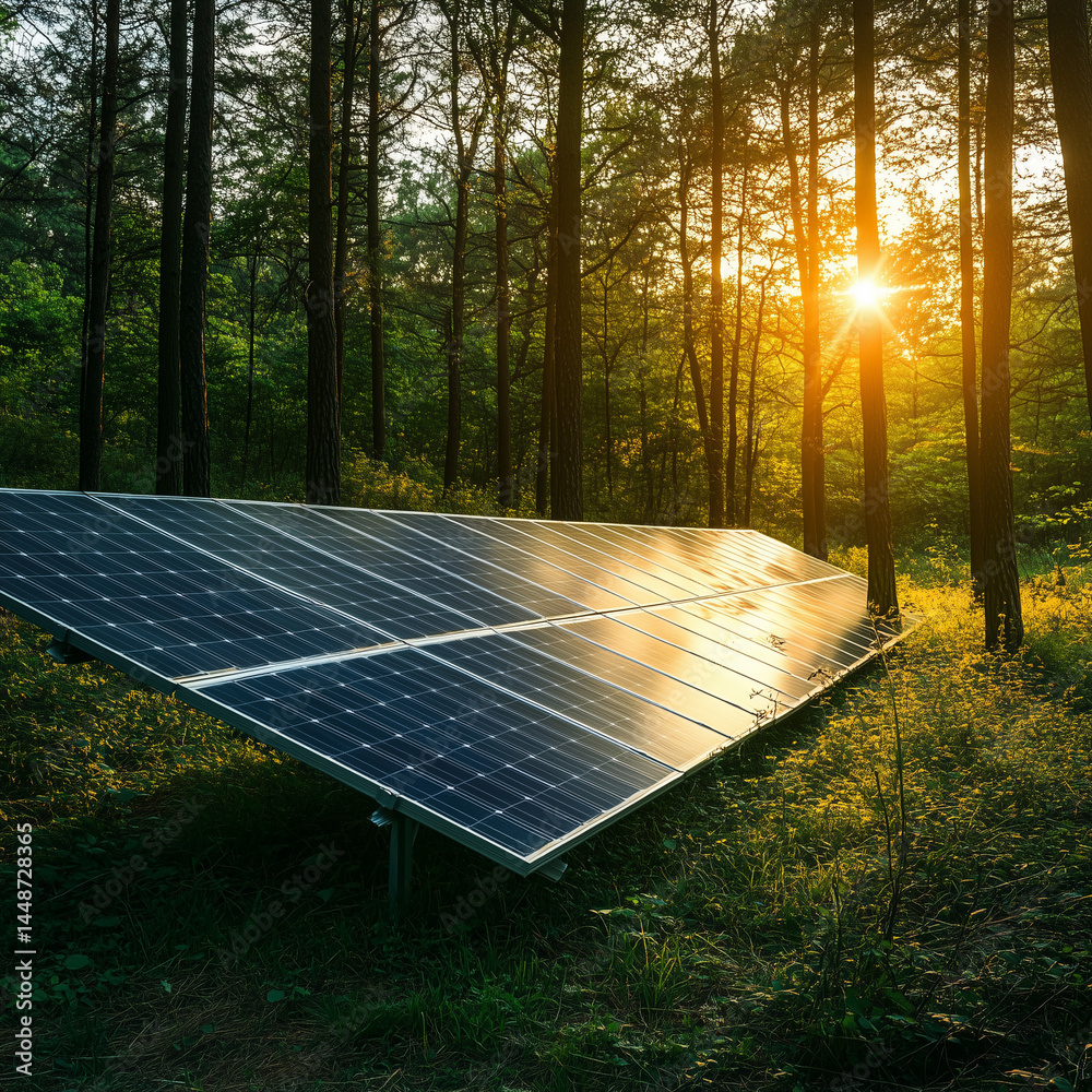 Painéis solares instalados em floresta verde destacam o conceito de energia limpa e sustentável. Representam harmonia entre tecnologia, meio ambiente e preservação ecológica