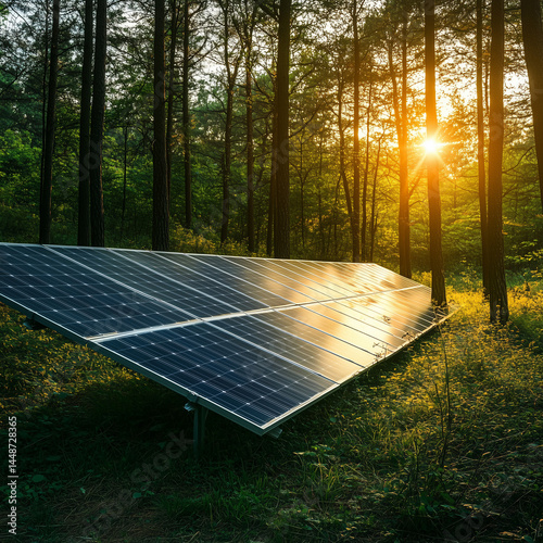 Obraz na płótnie Painéis solares instalados em floresta verde destacam o conceito de energia limpa e sustentável. Representam harmonia entre tecnologia, meio ambiente e preservação ecológica w salonie