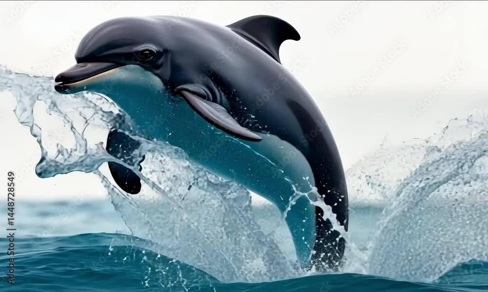Dolphin jumping from water in ocean splash
