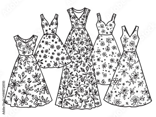 Floral Dress line art icon creative floral dress design drawing