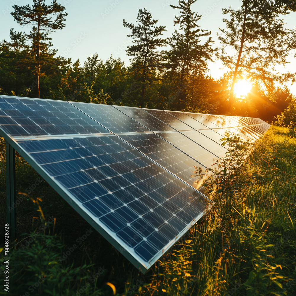 Painéis solares no meio da floresta ilustram o uso de energia renovável em harmonia com a natureza. Sustentabilidade e inovação unidas na preservação ambiental
