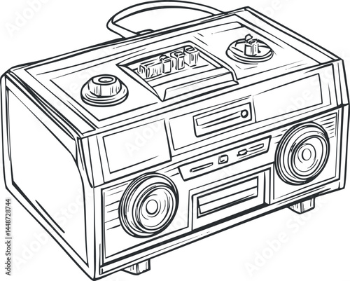 Black and white line art illustration of a vintage boombox cassette player with speakers and controls