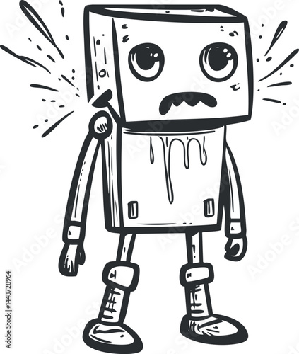 Cartoon illustration of a sad robot with a square head and dripping melting effect