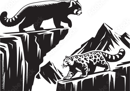 Two majestic mountain cats on a cliff overlooking a mountain range. A striking black and white illustration showcases two wild cats, a red panda and a snow leopard, perched atop dramatic mountain clif