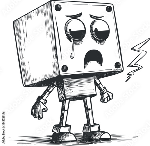 Hand drawn black and white sketch of a sad crying robot character with a cube-shaped head expressing emotion.