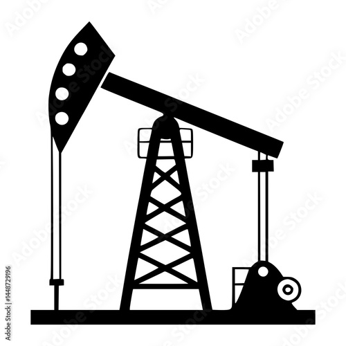 Black Silhouette of Oil Pump Jack on White Background, Energy Industry Symbol, Petroleum Extraction Concept, Fossil Fuel Production Icon, Suitable for Infographics, Editorial, and Educational Use