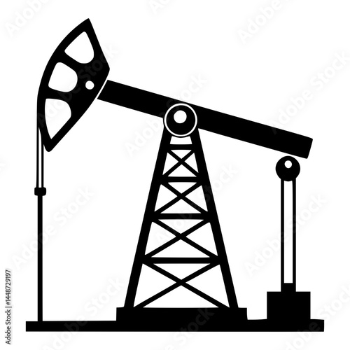Black Silhouette of Oil Pump Jack on White Background, Energy Industry Symbol, Petroleum Extraction Concept, Fossil Fuel Production Icon, Suitable for Infographics, Editorial, and Educational Use