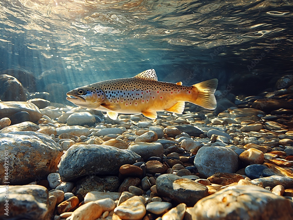 Naklejka premium A fish swims through clear water over a bed of smooth stones
