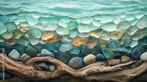 Collecting colorful sea glass and driftwood coastal beach nature serene view