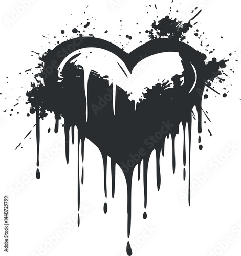 Quadro su tela Black grunge heart shape with paint drips and splashes on white background