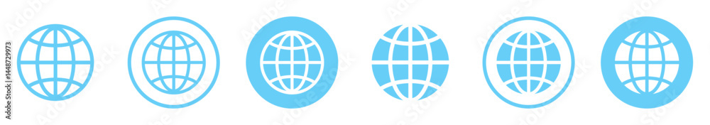 Set of globe vector icons. Globe world icons. Blue and white earth symbol collection with circular Internet and global network designs. Planet earth world map in different variations. Set of globe vector icons. Globe world icons. Blue and white earth symbol collection with circular Internet and global network designs. Planet earth world map in different variations.