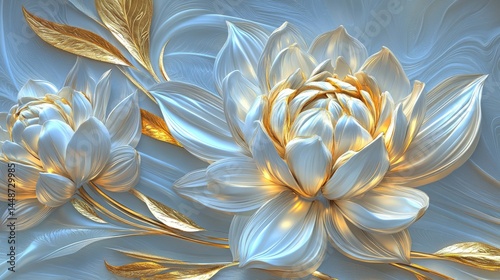 Luxurious, three-dimensional floral design with gold accents.