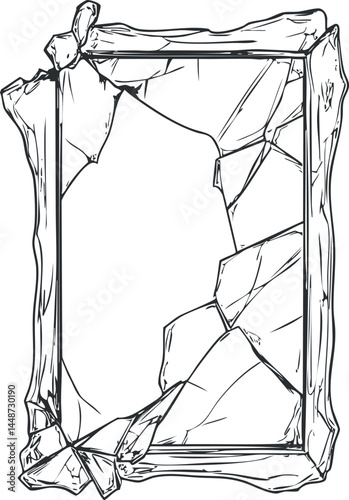 Hand-drawn black and white illustration of a broken wooden frame with shattered edges and cracks