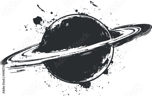 Black and white artistic illustration of a planet with rings and grunge texture background