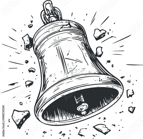 Black and white illustration of a vintage bell breaking apart with shards flying around symbolizing explosion or alarm