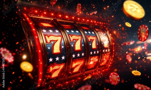 Slot machine showing 777 jackpot with casino chips and illuminated lights exploding on a dark background