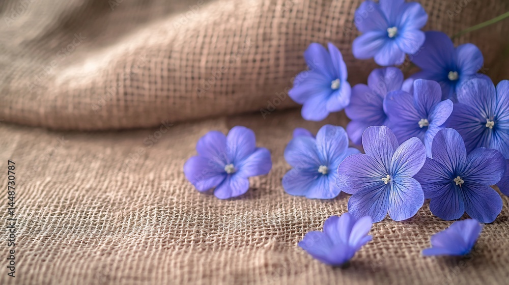Blue flax flowers on burlap, rustic background, nature still life, greeting card Blue flax flowers on burlap, rustic background, nature still life, greeting card