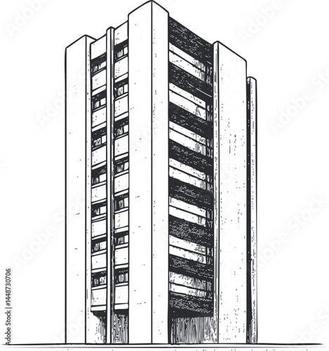 Black and white illustration of a modern highrise building with multiple floors and vertical structure