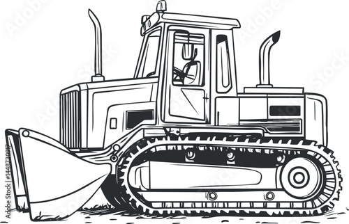 Black and white sketch illustration of a bulldozer construction vehicle with tracks and front blade for earthmoving.