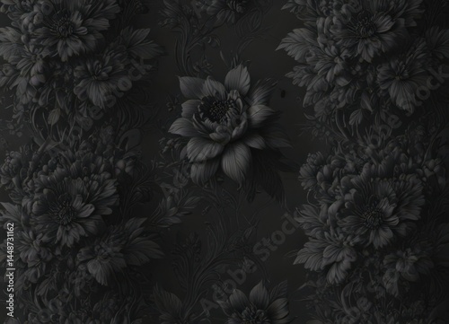 Intricate black charcoal floral wallpaper, textured elegance, aesthetic, home, seamless