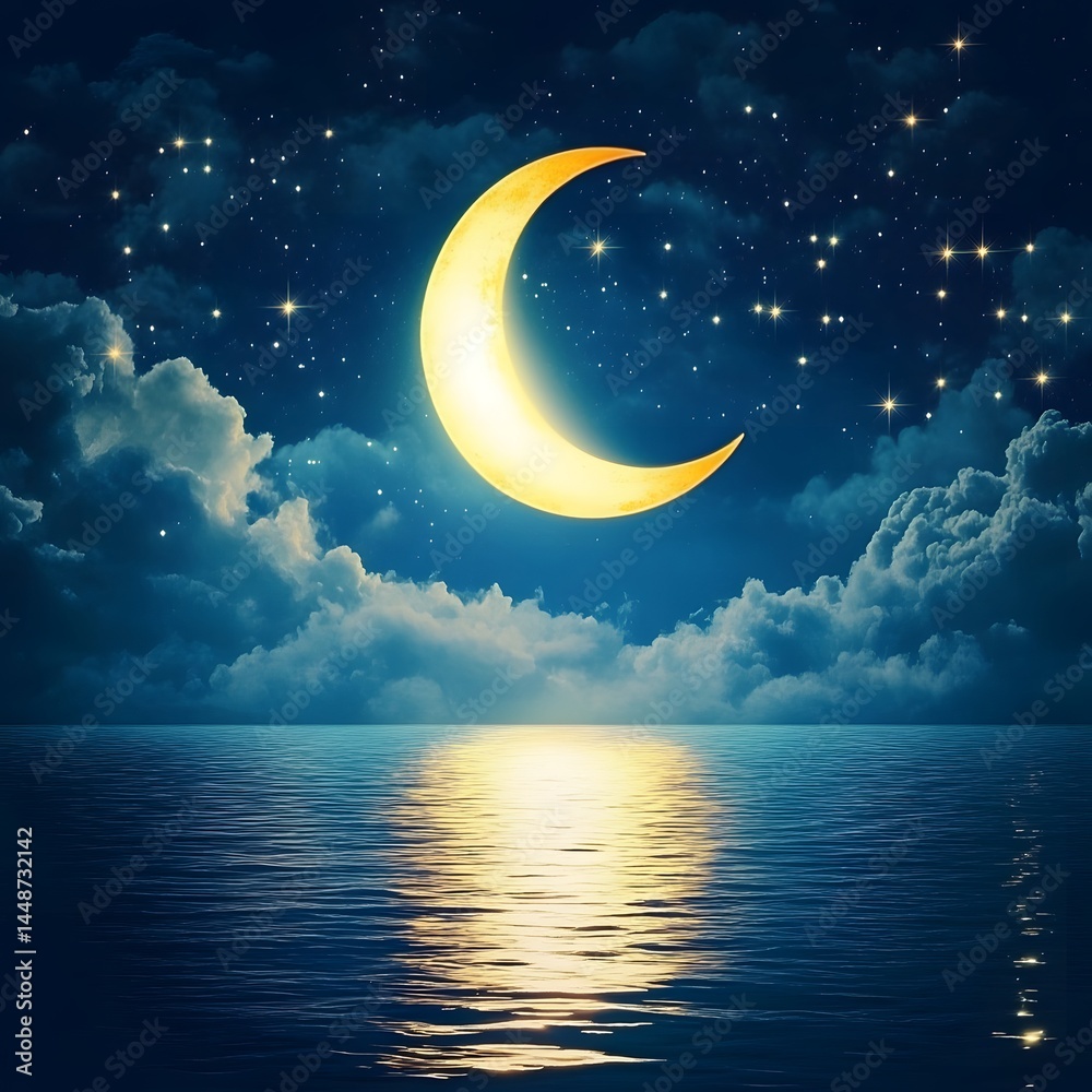 Obraz premium Crescent Moon Over Calm Ocean Night Sky Stars Cloudscape