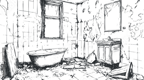 Black and white sketch of an abandoned and dilapidated bathroom with broken bathtub sink mirror and damaged walls