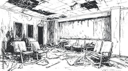 Abandoned and ruined interior room with damaged ceiling and scattered debris on the floor