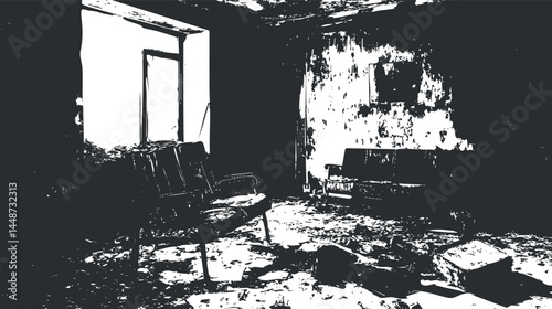 Black and white image of an abandoned, dilapidated room with broken chairs and debris scattered on the floor.