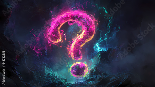 A multi colored neon glowing question mark. enigma. illustration. [Electric Myths] | Radiant Sphinx | glowing riddles. Illustration