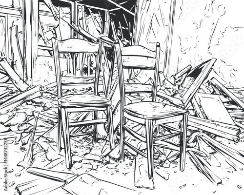 Black and white sketch of two wooden chairs surrounded by debris and ruins inside a damaged building interior.