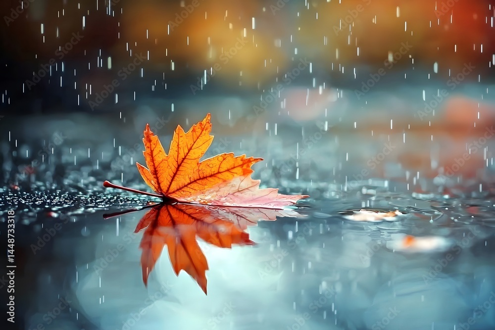 autumn leaf floating in clear puddle AI generative autumn leaf floating in clear puddle AI generative