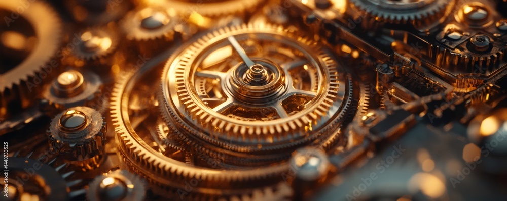 Close-up of complex golden clockwork mechanism with interconnected gears rotating, showcasing precision engineering and intricate design Close-up of complex golden clockwork mechanism with interconnected gears rotating, showcasing precision engineering and intricate design